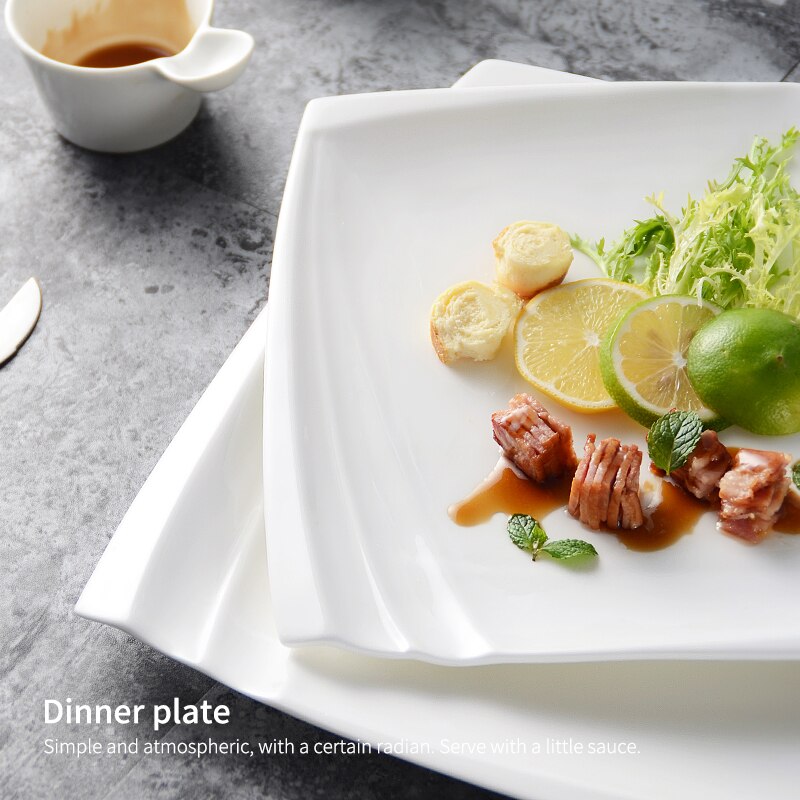 Pure White Ceramic Western Plate Flat Steak Plate Dessert Dim Sum Square Cake Cake Plate Household Dinner Plate Western Tablewar