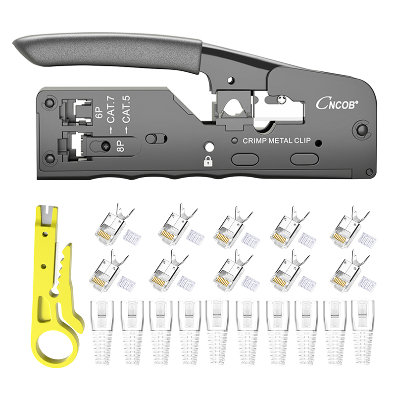 Pince à sertir connecteur RJ45 Cat7/Cat8, pince à câble Cat5e, Cat6, RJ11 6P, outil de sertissage de ligne téléphonique avec 10 têtes de cristal de queue