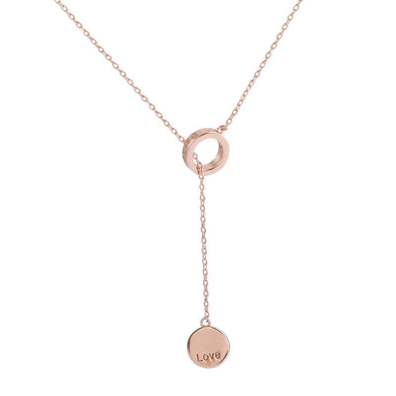 Collar de cadena larga de círculo redondo para mujer, de Plata de Ley 925, colgante de disco de amor con letras, de joyería, S-N601 al por mayor: Rose Gold Color