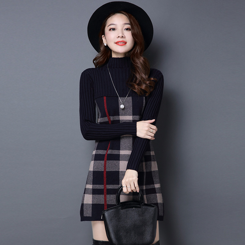 Women Autumn Winter Dress Turtleneck Long Sleeve Plaid Knitted Sweater Dress Female Loose Sweaters Pullovers Dress 315