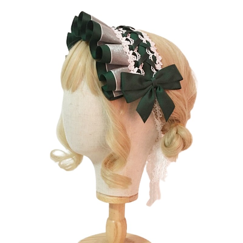 Lolita – coiffe japonaise de demoiselle Cosplay, bandeau à nœud papillon croisé à volants, doux ruban de dentelle florale, accessoire de cheveux de fête: GN