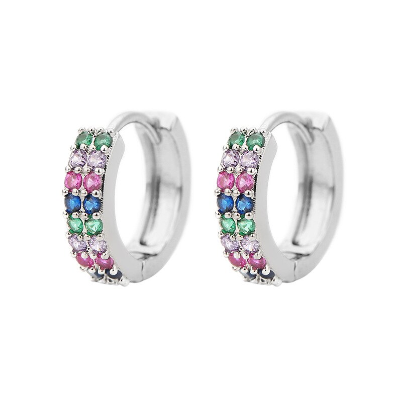 Zwei Ebenen Zirkon Stein Kleine Band Ohrringe Für Frauen Mehrfarbig glänzend Regenbogen Huggies Charme durchbohren Ohrring Schmuck Größe 10mm: Silber--Mehrfarbig
