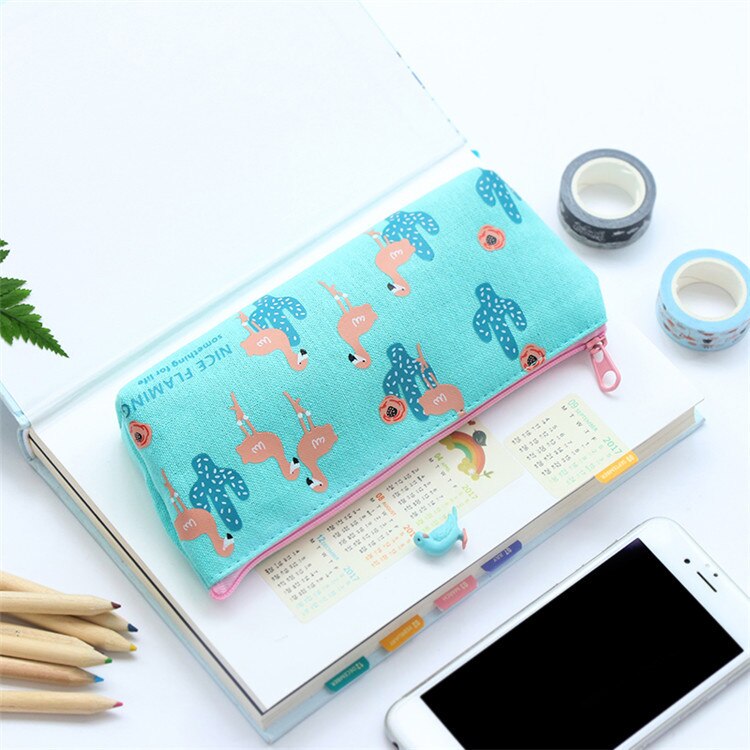 Kawaii dessin animé oiseau flamant rose Cactus toile crayon sac papeterie rangement organisateur sac fournitures scolaires étudiant prix