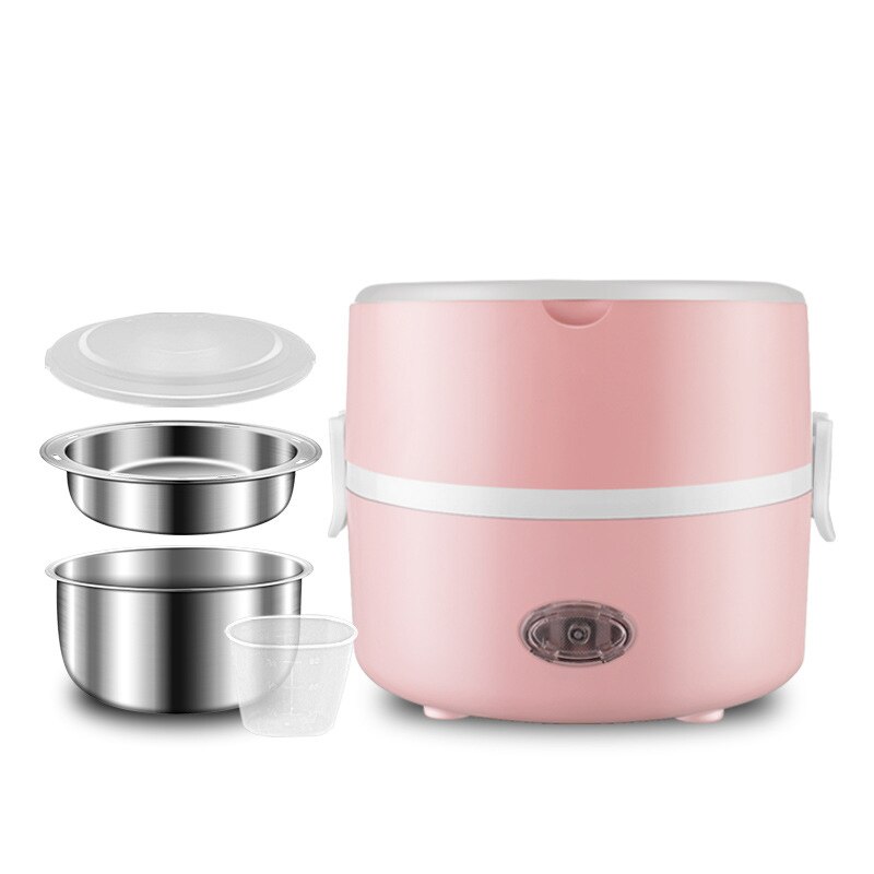 2L 220V Home Electric Lunch Box Stainless Steel Office School Rice Cooker Portable Food Warmer Container Heating Bento Box Set: 2 Layer Pink