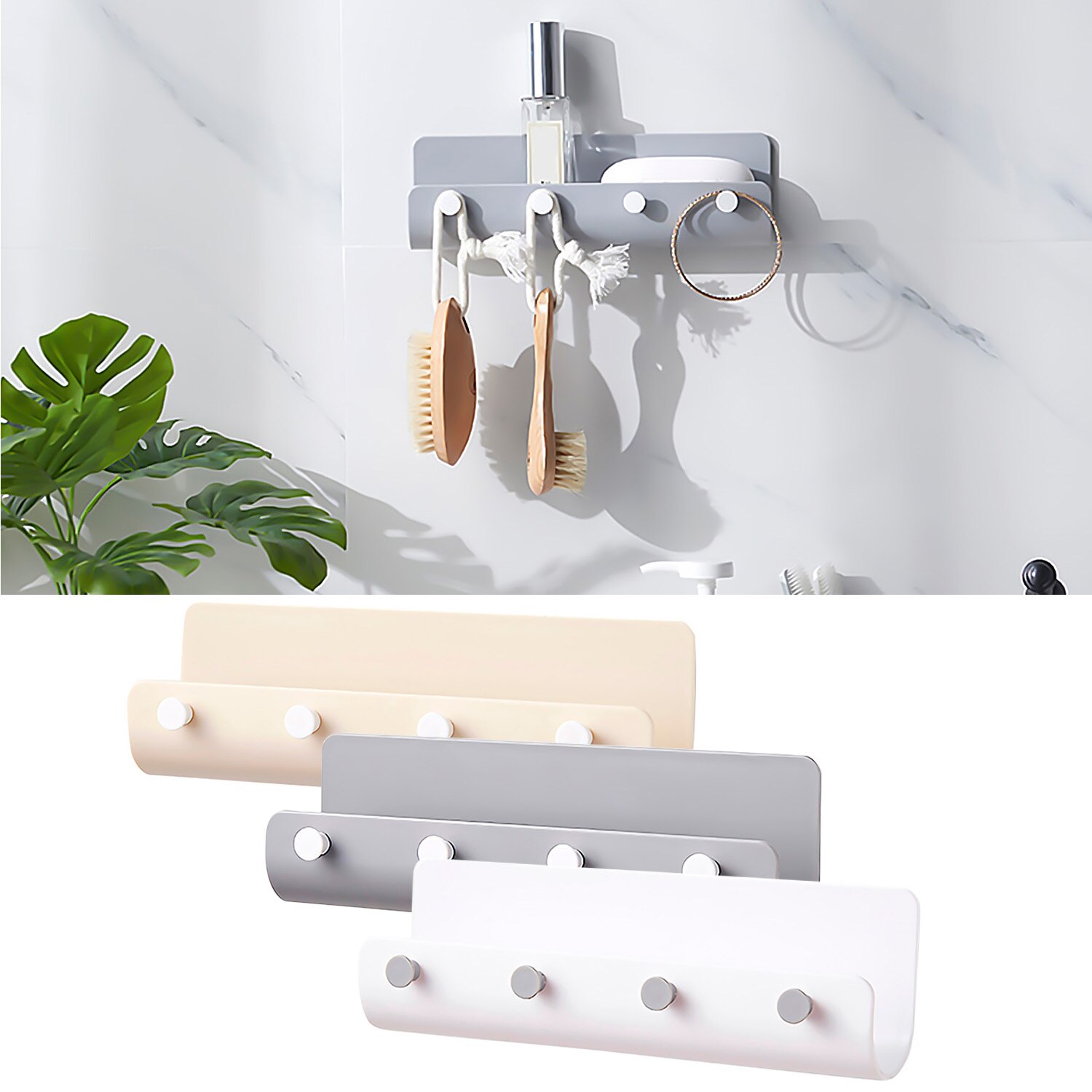 4-Hook U-shape Wall Mount Hooks Self-Adhesive Keys Storage Rack Holder Hanger Organizer for Home Office Kitchen Living Room