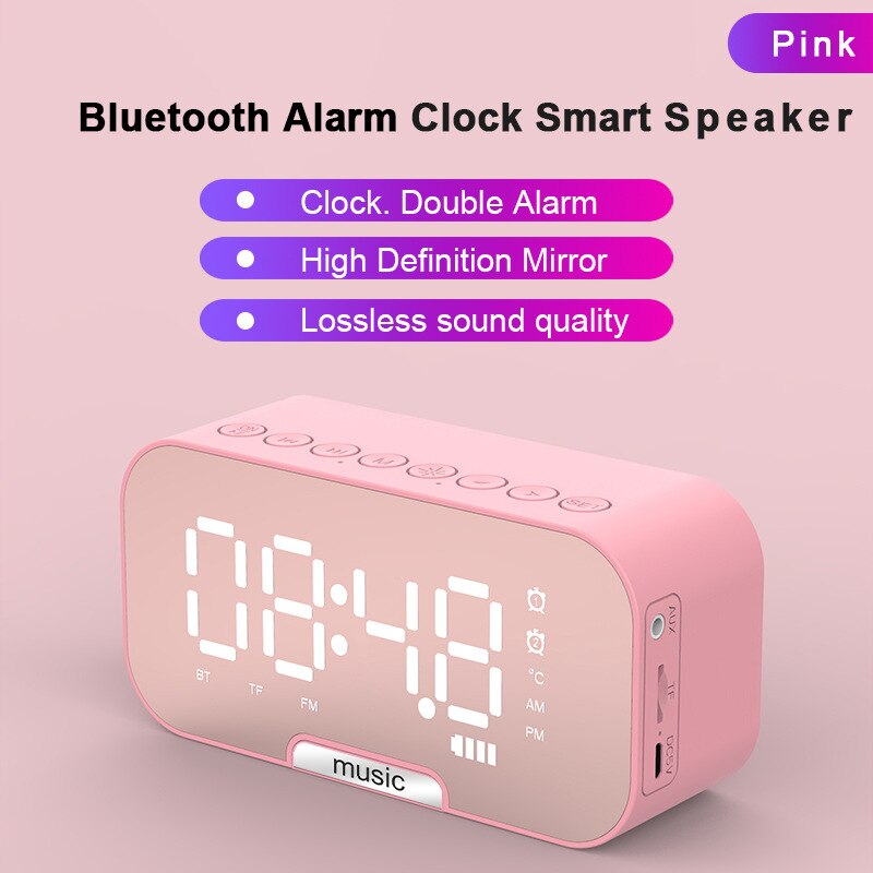 Smart väckarklocka fm-radio spegel bluetooth-högtalare termometer trådlös bluetooth-högtalare med lång batteritid stereohögtalare bilfestdekor: Rosa