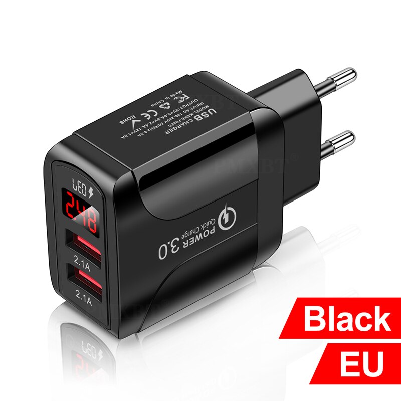 Usb lader med ledet vise dobbel usb havn 2.4a hurtiglading til iphone 8 lader adapter mobiltelefon ladere til samsung  s10: Eu svart