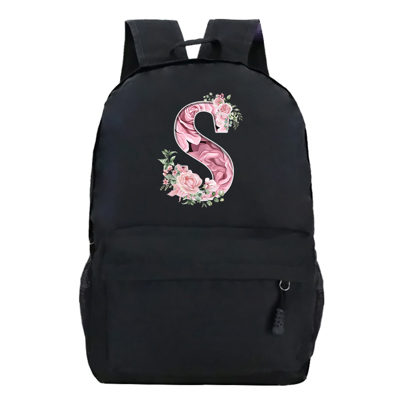Pink Rose Alphabet Backpack Black Casual Women Aesthetics Rucksack Teenage Girl Boy Flower Letter School Bag Student Mochilas: WHITE