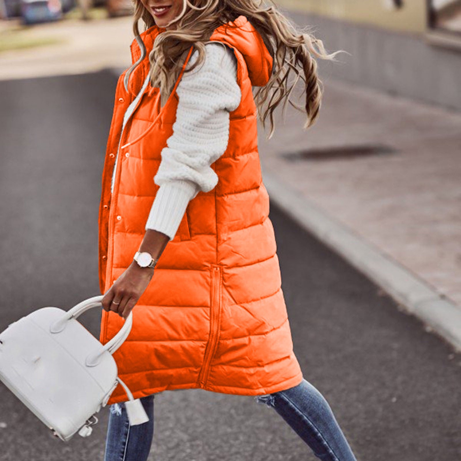 Winter Women's Long Quilted Jacket With Hood Outdoor Sleeveless Down Vest Winter Warm Quilted Coat With Pockets Thermal Parka: XXXL / Blue