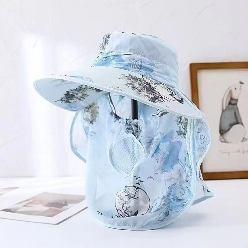 Outdoor Sun Bucket Hat for Women Girls Fishing Hat Wide Brim Bucket Hat with Neck Cover Protection Safari Cap beach hat: Azul