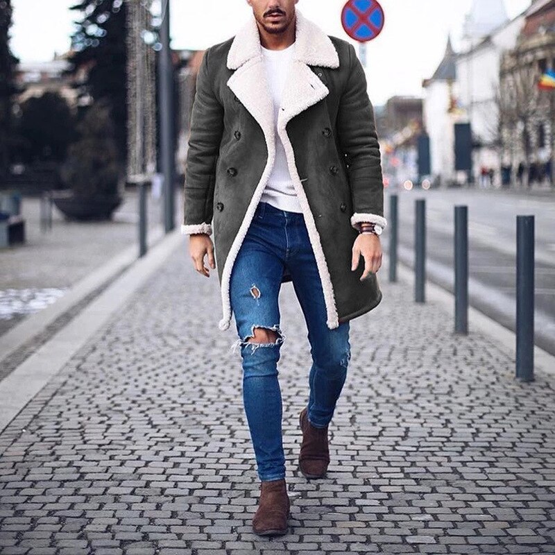 Herre vinter uld fleece lang overfrakke overtøj varm ruskind frakke mandlige mænd brun lang trench jakke m -3xl