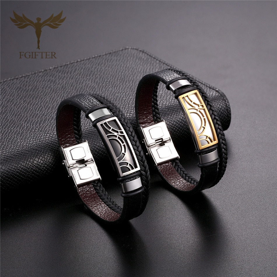 Double Layers Black Leather Bracelets for Women Men Steel Cuff Bangle Male Bracelets Jewelry Accessories