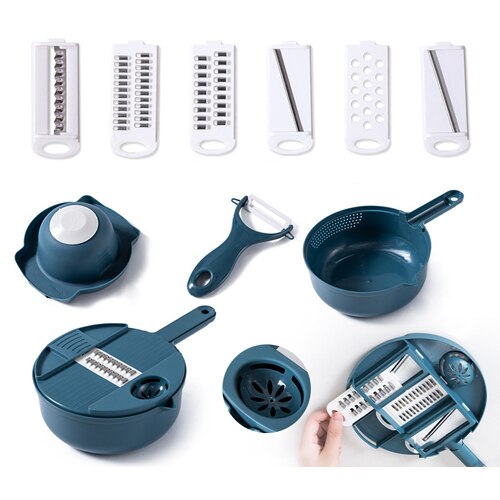 Cortador de verduras para el hogar, herramientas de cocina, rallador de patatas, rebanador de cocina, rallador giratorio de rábano, 12 piezas: 12 pcs Blue