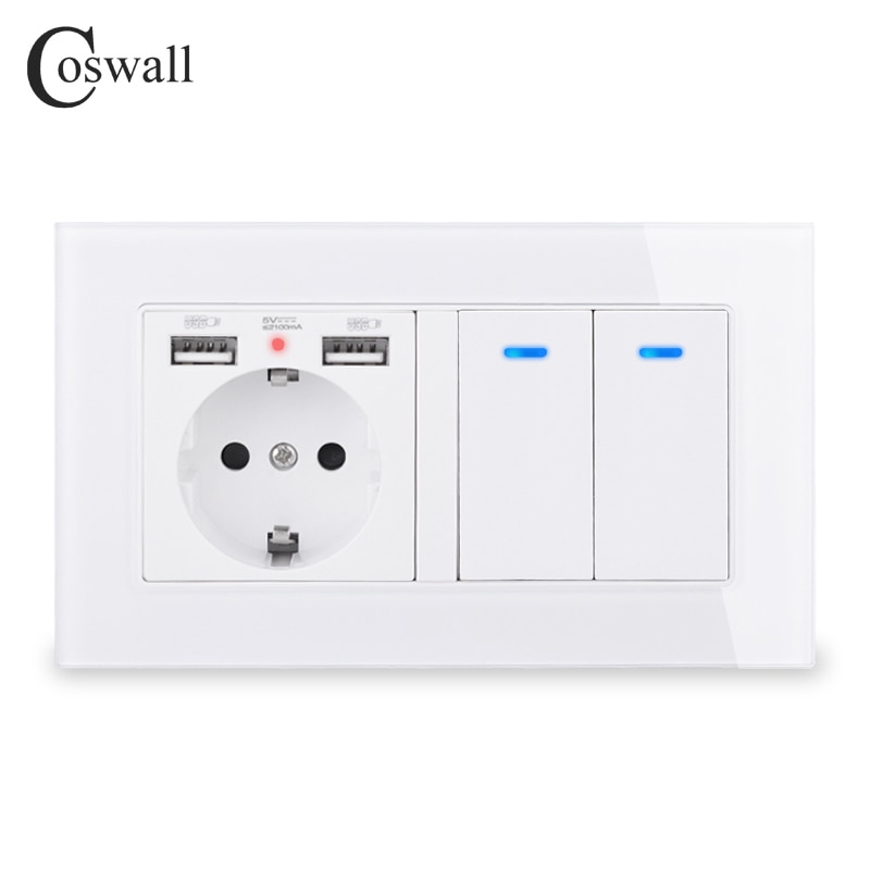 COSWALL Russia Spain EU Standard Wall Socket 2 USB Charge Port + 2 Gang 1 Way On / Off Light Switch LED Indicator Glass Panel