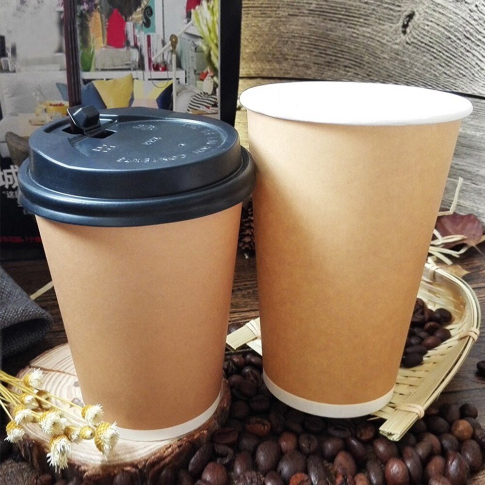 25PCS Disposable Double Layer Coffee Cups Insulation Takeaway Milk Tea Kraft Paper Cup with Lid for Cafe Dessert Shop (16oz)