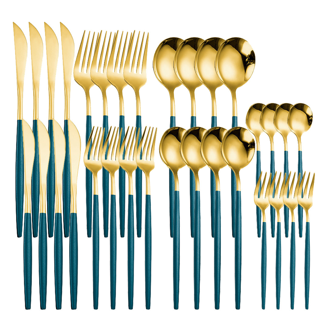 Pink Gold 32Pcs Cutlery Set Stainless Steel Dinnerware Mirror Resueable Luxury Home Knife Spoon Fork Tableware Set Flatware Set: green gold 4sets