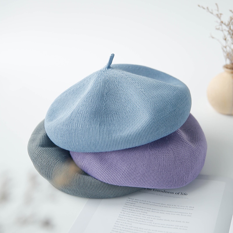 Spring Summer Breathable Hat Ladies Cotton Linen Solid Candy Color Beret French Artist Knitted Beret