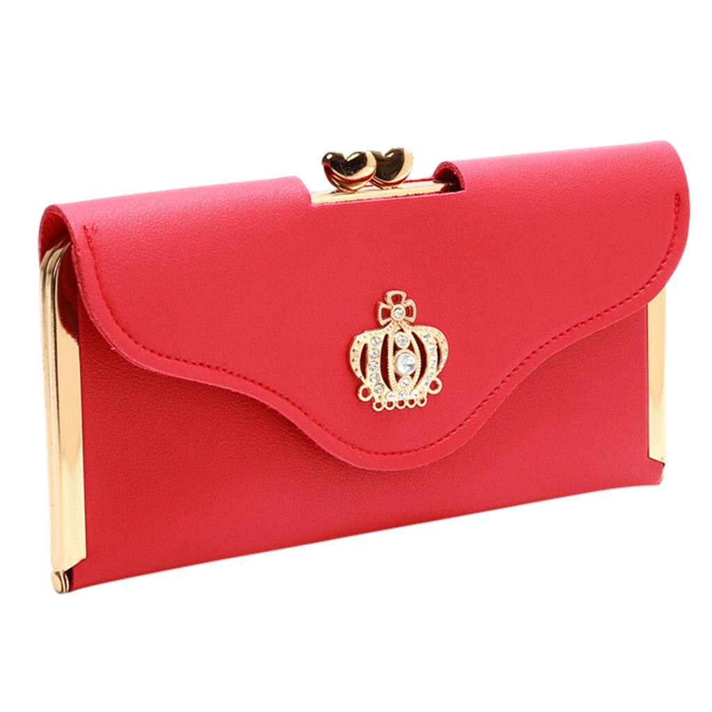 Clutch Bag Crown Diamond Mobile Phone Bag Ladies Long Evening Purse Vintage Women Leather Wallet Pocket Credit Card: Red 