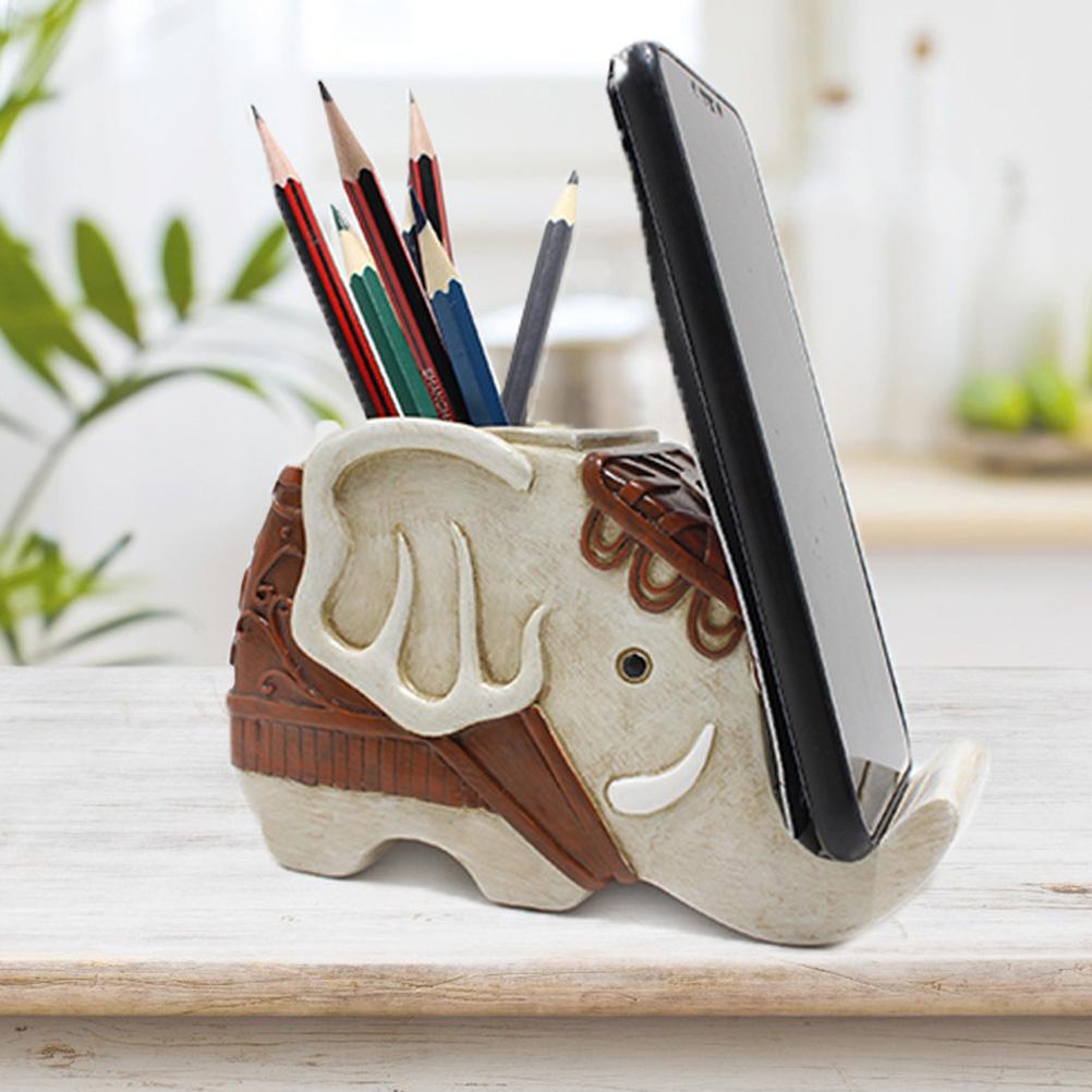 Elephant Shape Pen Pencil Holder with Cell Phone Stand Resin Desk Organizer Desk Decor Home Office Decoration Birthday