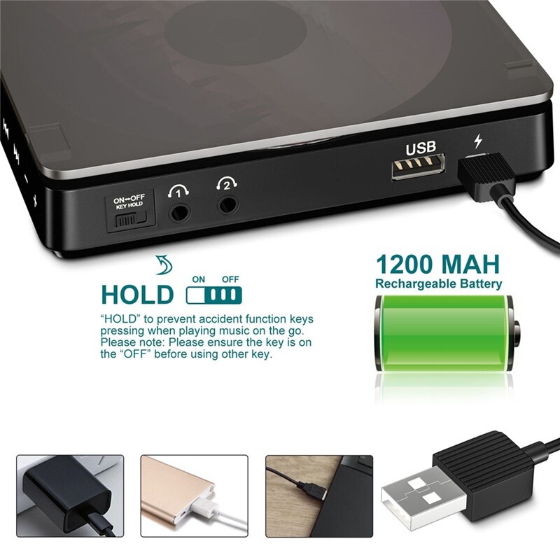 Tragbarer cd-player mit zwei kopfhöreranschlüssen, kontaktknopf-wiedergabegerät, wiederaufladbar, stoßfest, lcd-display
