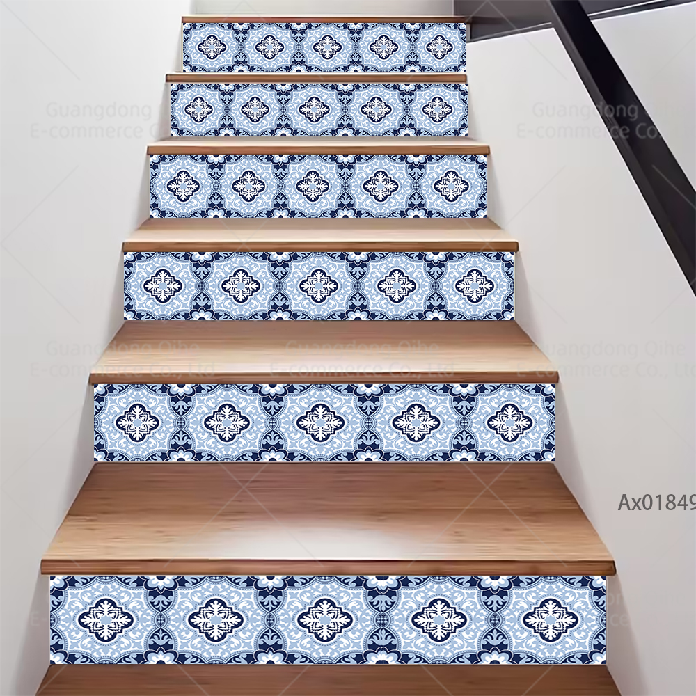 Minimalistische blauwe bloemen trapsticker, zelfklevende trapbekleding, duurzame decoratie voor binnentrappen, plintstickers, muurschilderingstickers.