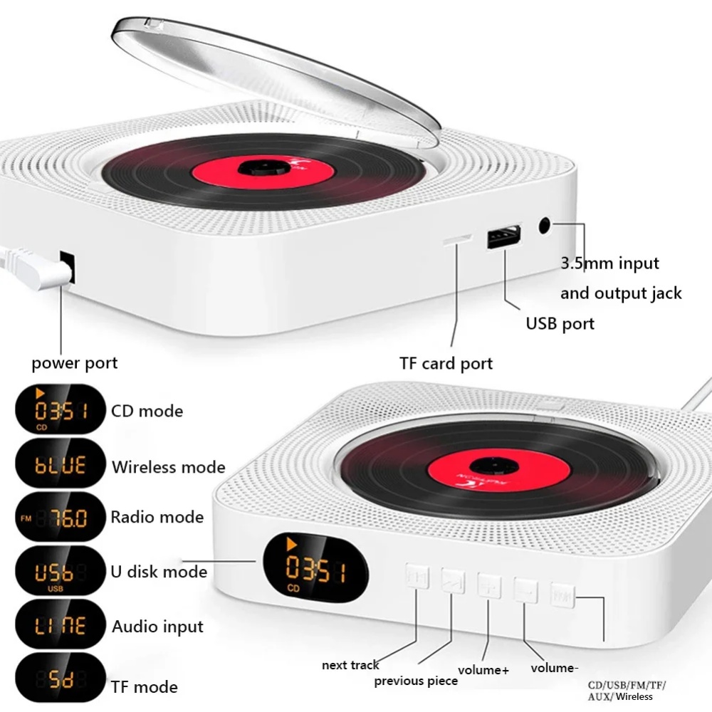 Portable CD Player Bluetooth Speaker Stereo CD Players LED Screen Wall Mountable CD Music Player with 3.5mm Headphones Jack