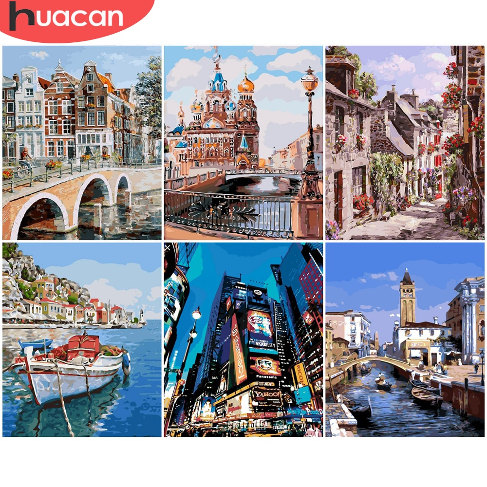 Pintura de HUACAN por números, paisajes de ciudad, Kits pintados a mano, pintura al óleo DIY sobre lienzo con dibujo de números, paisaje, decoración del hogar,