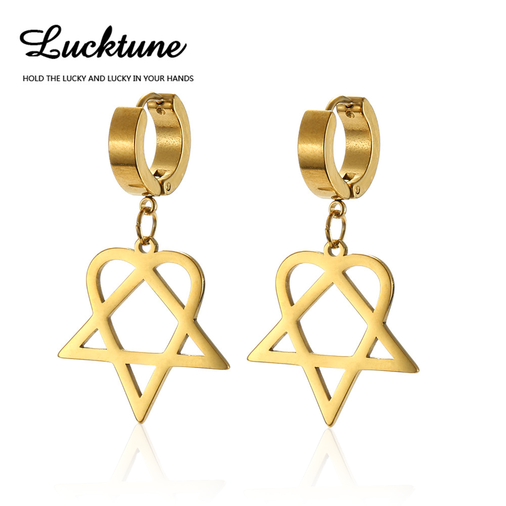 Lucktune Heartagram Star Dangle Clip Earrings Women Stainless Steel Heart Pentagonal Earrings Couple Goth Jewelry Birthday