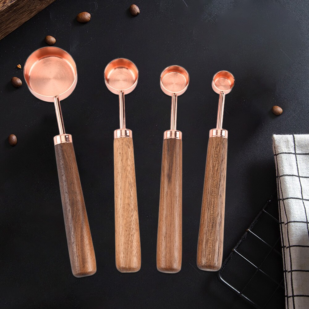 4pcs Household Kitchen Dining Bar Baking Tools Walnut Wooden Handle Copper Plating Measuring Cups Spoon Cake Sugar Tools Set