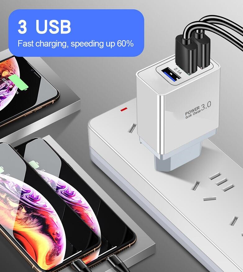 3 usb snelladers snel opladen 3.0 4.0 universele wandladers voor mobiele telefoons en tablets voor iphone 12 pro samsung oplaadlader