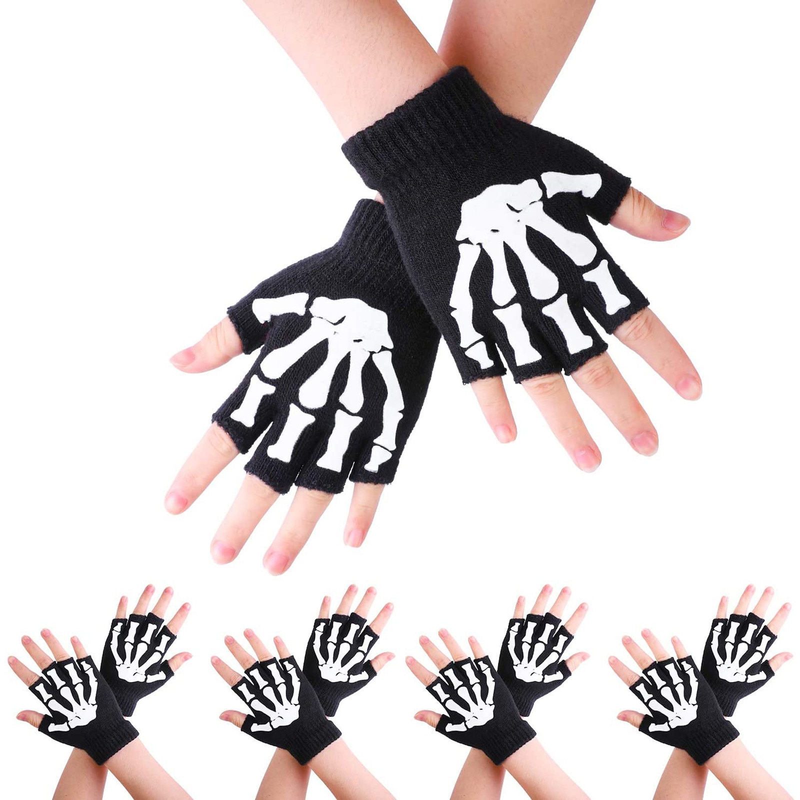 1/2/5 Pairs Kinderen Skelet Warm Glow In The Dark Vingerloze Gebreide Handschoenen Mitten Creatieve Lichtgevende Kinderen Handschoenen