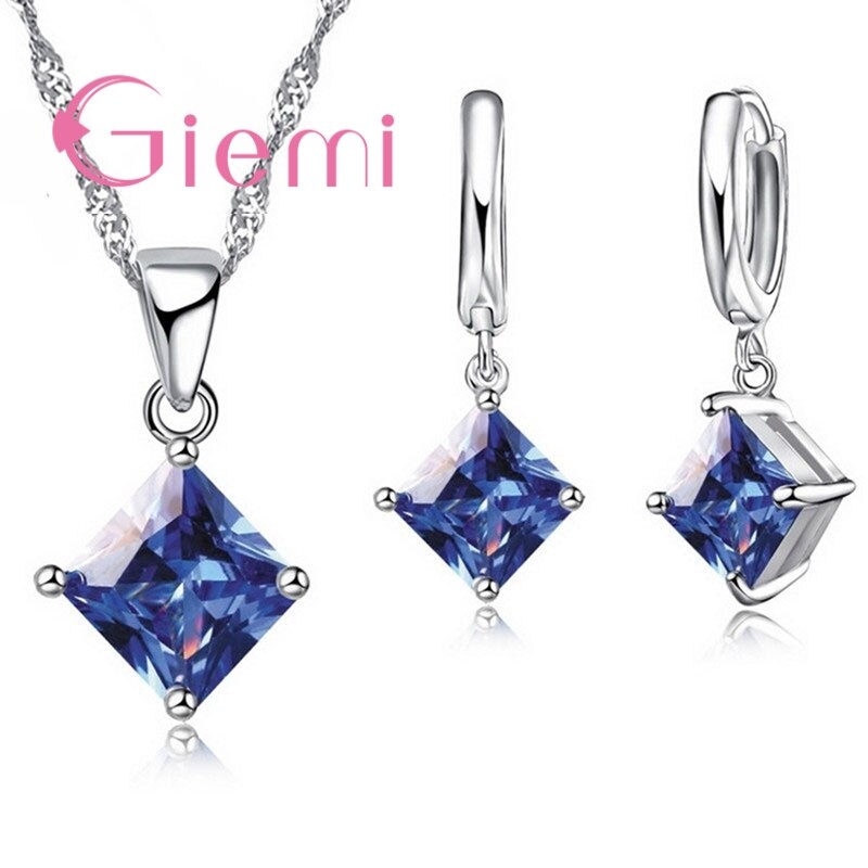 8 cores conjuntos de jóias feminino alta qualidade 925 prata esterlina cz cristal colar/brincos festa jóias atacado: Blue