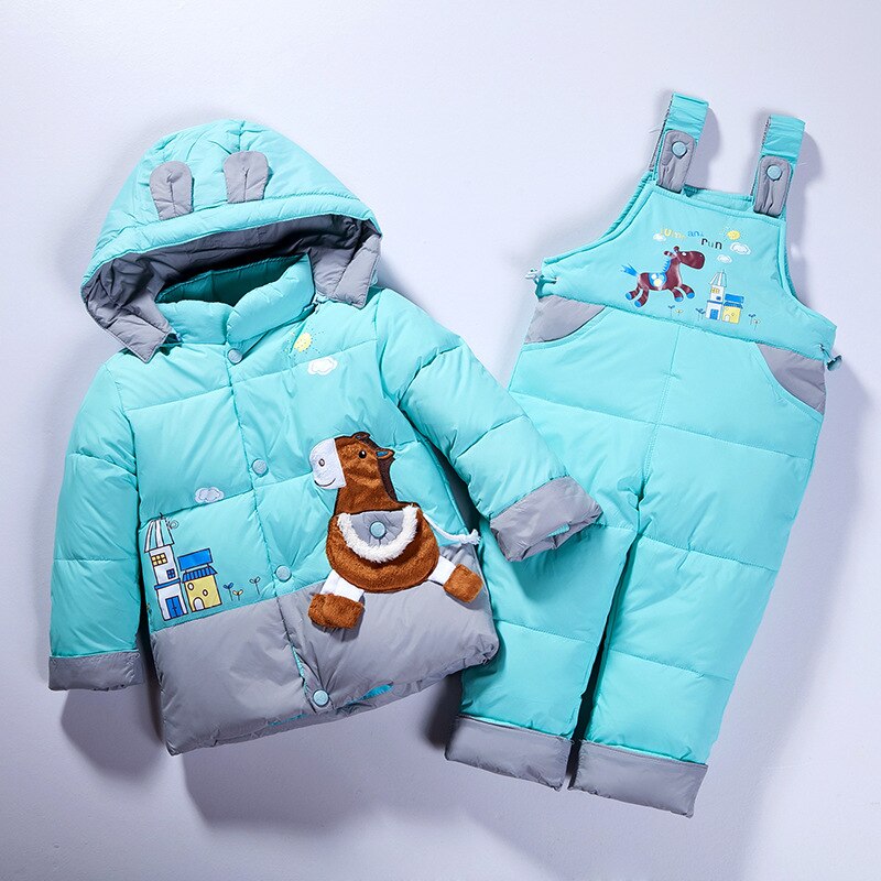 Manteau d'hiver duvet de canard pour enfants | Ensemble de vêtements pour enfants, veste à capuche, pantalon, ensemble combinaison, dessin animé poney, combinaison de neige TZ123