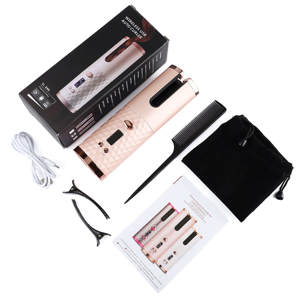Cordless Automatic Hair Curler USB Rechargeable Curling Iron Curls Waves LCD Display Ceramic Curly Rotating Curling Wave Styer: Pink