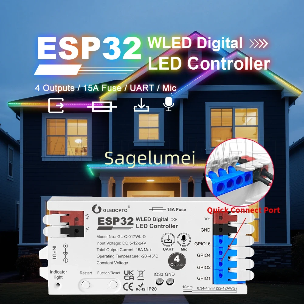 WLED LED Controller GL-C-016WL-D DC 5-24V GLEDOPTO ESP32 Supported WS2811, SK6812, SM16703P, WS2812 Strip Light