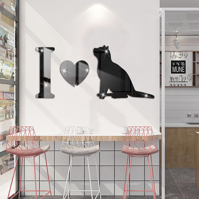 Black and White Cat Dog Wall Stickers Mirror 3D Acrylic DIY Self-adhesive Waterproof Home Decor Cattery Doghouse Decoration