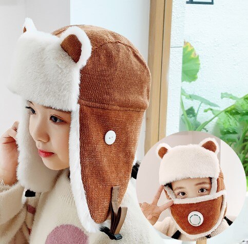 Plus Fleece Bomber Cap Child Winter Keep Warm Girl Cute Cartoon Boy Windproof Ear Protection Face Mask Gorra: Color 3