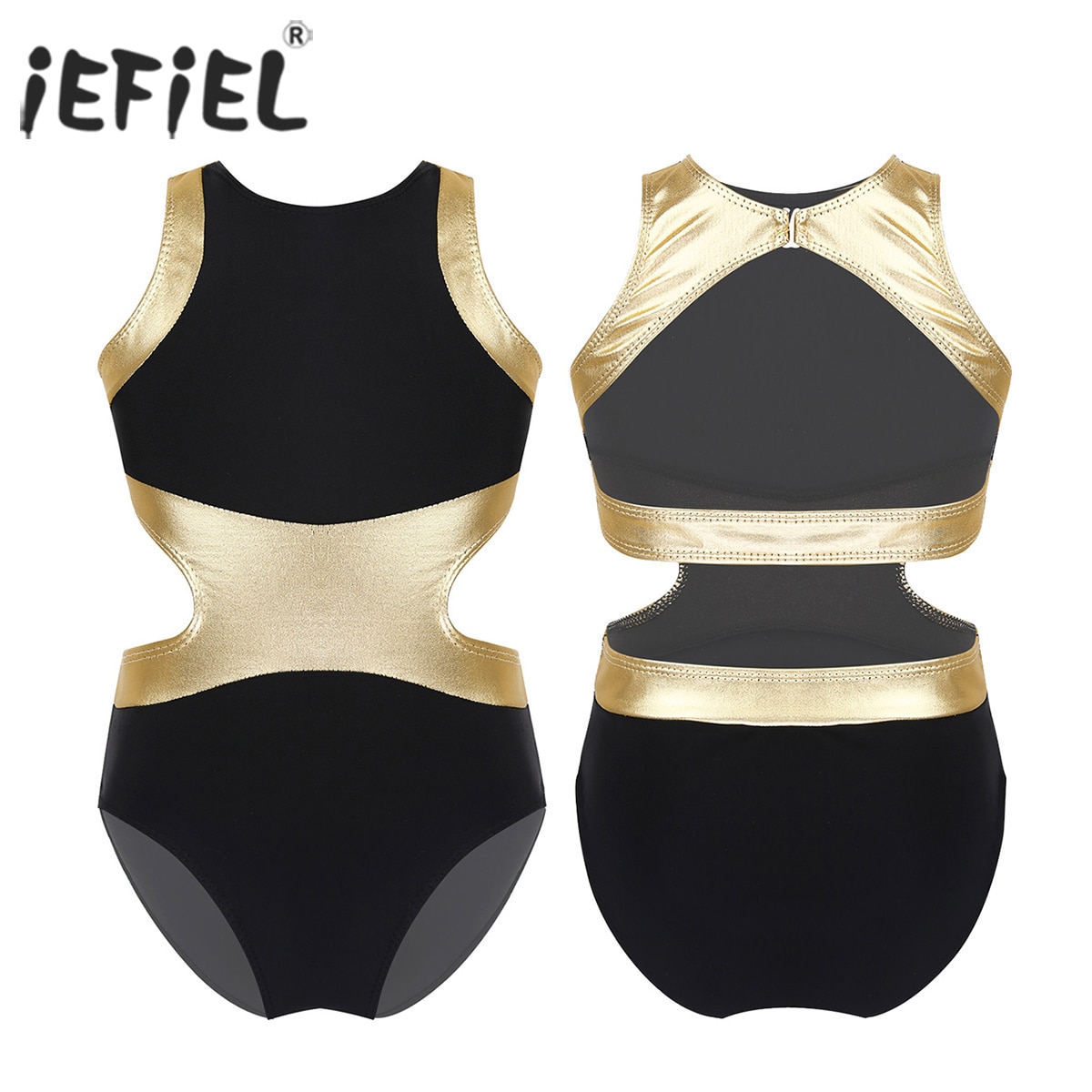 Kids Girls Sleeveless Ballerina Metallic Splice Back Side Waist Cutouts Ballet Dance Wear Gymnastics Leotard Turnpakje Jumpsuit