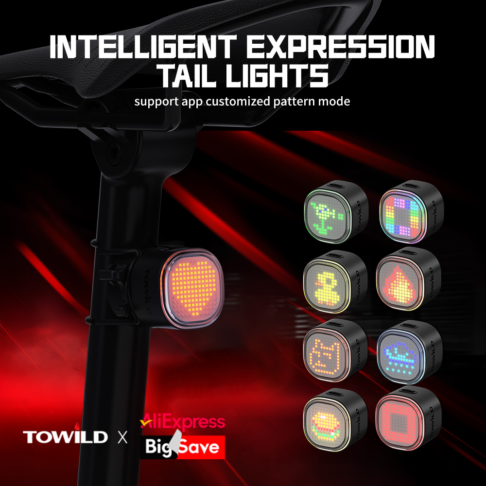 Towld tl08 expressão inteligente lanterna traseira 140 led sensor de freio bluetooth luz traseira da bicicleta personalizável lanternas traseiras
