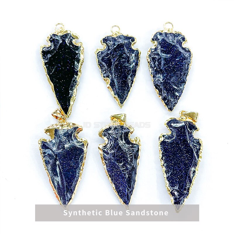 Natural Amethysts Opal Chalcedony Pendants Plating Golden Edge Arrow Shape Pendants for Jewelry Necklace Bracelets Accessories: Synthetic Blue Sand