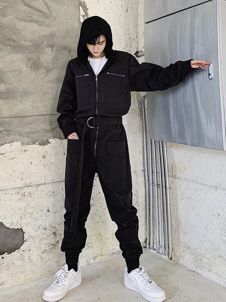 Jumpsuit herr rompers helklänning herr långärmad huva med dragkedja fickor avslappnad hip hop rock byxor manliga kläder