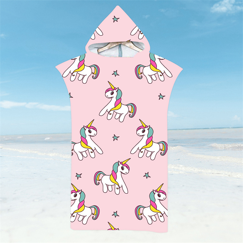 Cartoon Eenhoorn Badjas Strandlakens Sneldrogende Badhanddoek Lichtgewicht Microfiber Kapmantel Zwemmen Surf Volwassen Meisjes Poncho: Blauw