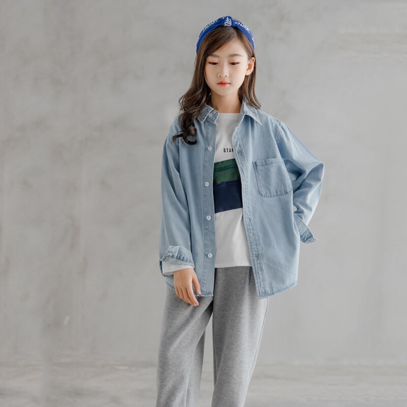Blusa de manga larga para niña adolescente, camisa azul vaquera a la para niño, Tops holgados informales que combinan con todo, prendas de vestir exteriores 12 13 14 años