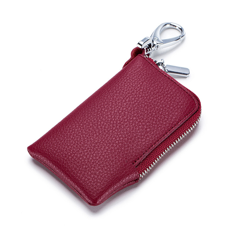 SOUTH GOOSE Brand Unisex Leather Slim Car Key Holders Housekeeper Keys Organizer Lady Zipper Key Wallets Card Bag: Wine Red