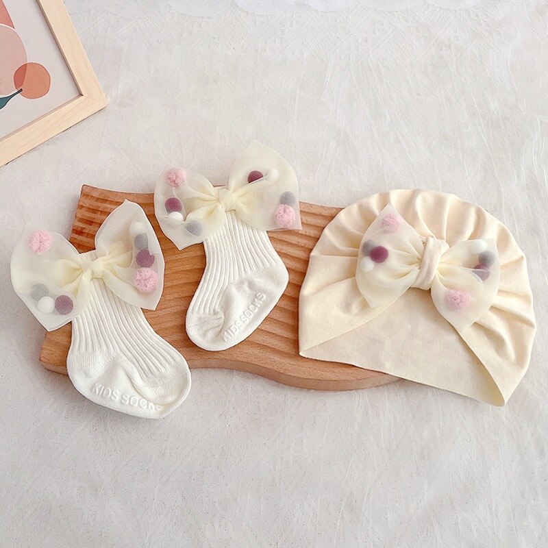 2 Stuks Baby Meisje Hoed Sokken Set Zomer Katoenen Sokken Voor Pasgeborenen Leuke Kant Boog Foetale Cap Baby Meisjes Douche Milamiya: 02