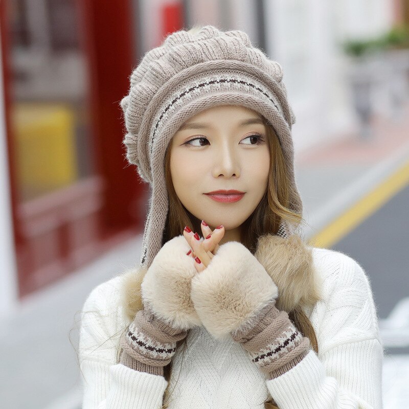 Women Winter Hat Gloves Set Warm Snow Hats Knitted Caps and Gloves Xmas hats for women