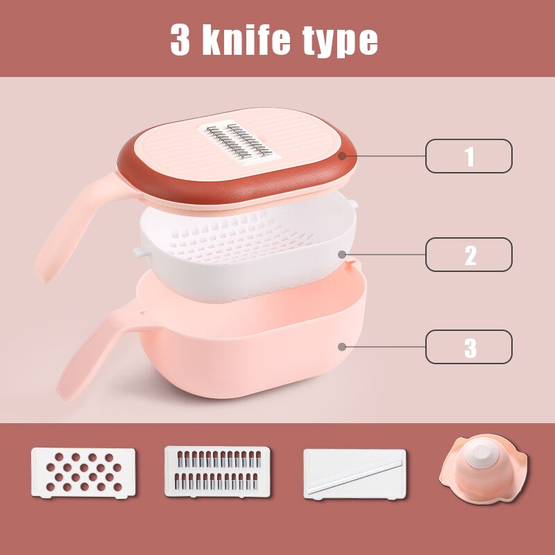 11 In 1 Multifunctionele Groentesnijder Slicer Potato Slicer Chip Radijs Rasp Dunschiller Keuken Gadgets Gereedschap: 3 knife type pink