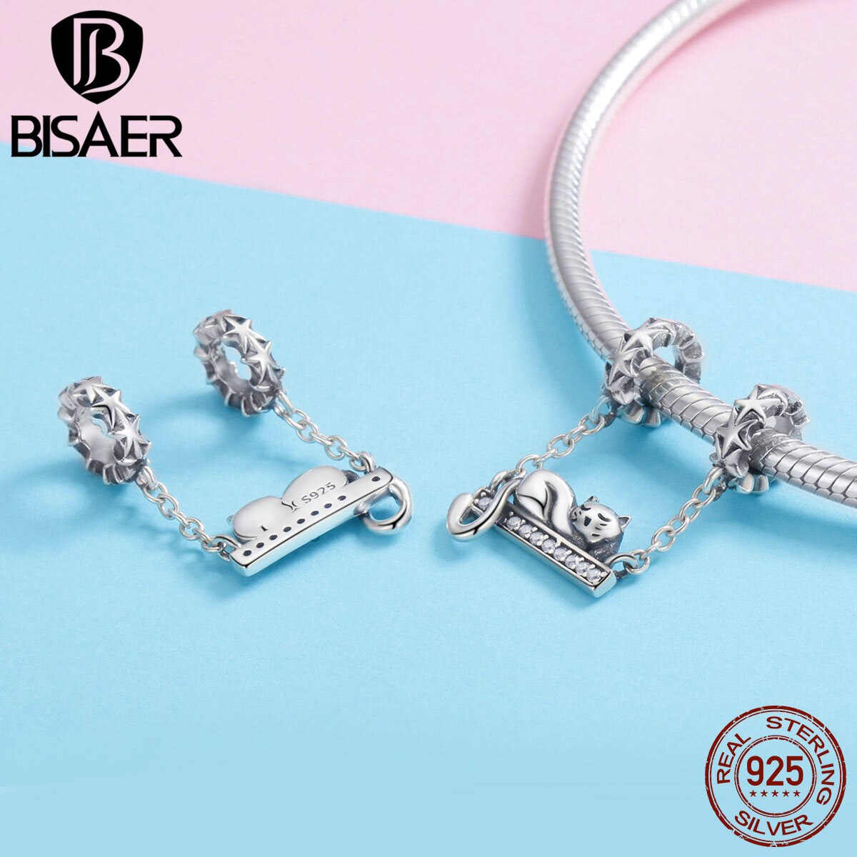 BISAER 925 Sterling Silver Sleeping Cat Charms Luminous Star Beads fit for Charm Bracelets Authentic Silver 925 Jewelry Making