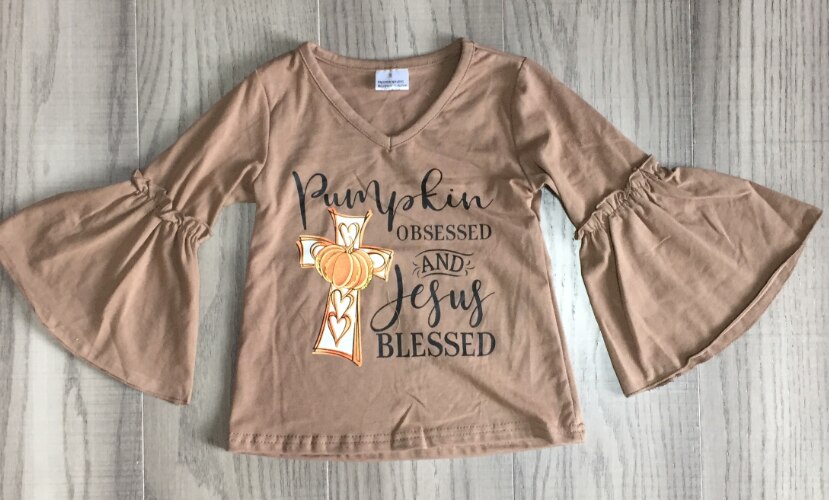 Girlymax outono/inverno halloween bebê meninas boutique t-shirts roupas bege abóbora flare mangas algodão superior crianças raglans: 12 m