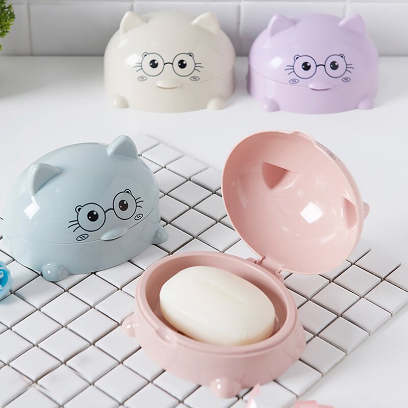Porte-savon chat dessin animé mignon avec couvercle, boîte porte-savon, étui de rangement de salle de bains, nettoyage fournitures de salle de bains